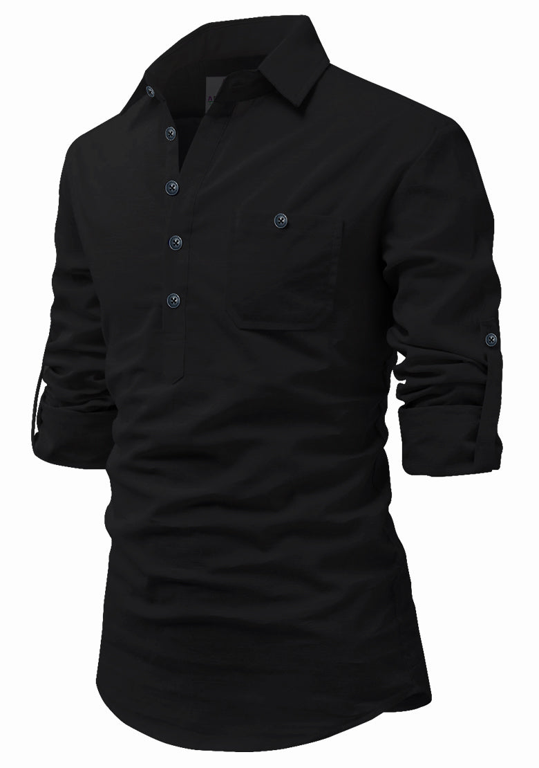 Men's Cotton Fabric Roll Up Sleeve Spread Collar Black Kurta