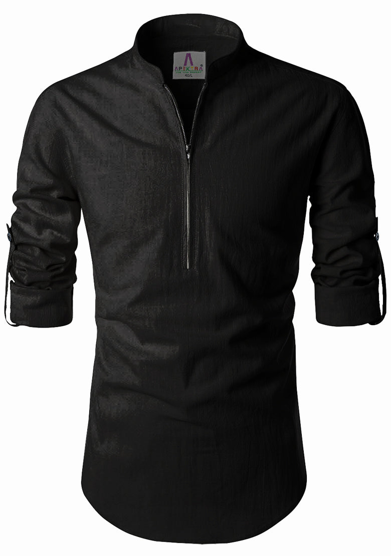 Men's Cotton Fabric Zip Closer Black Kurta