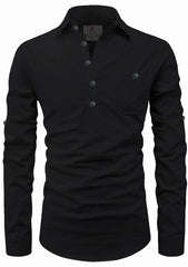 Men's Cotton Fabric Roll Up Sleeve Spread Collar Black Kurta