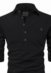 Men's Cotton Fabric Roll Up Sleeve Spread Collar Black Kurta