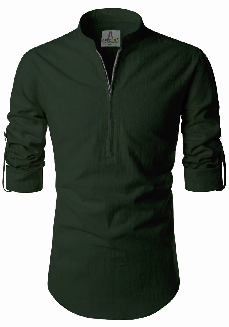 Men's Cotton Fabric Zip Closer Green Kurta