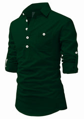 Men's Cotton Fabric Roll Up Sleeve Spread Collar Green Kurta