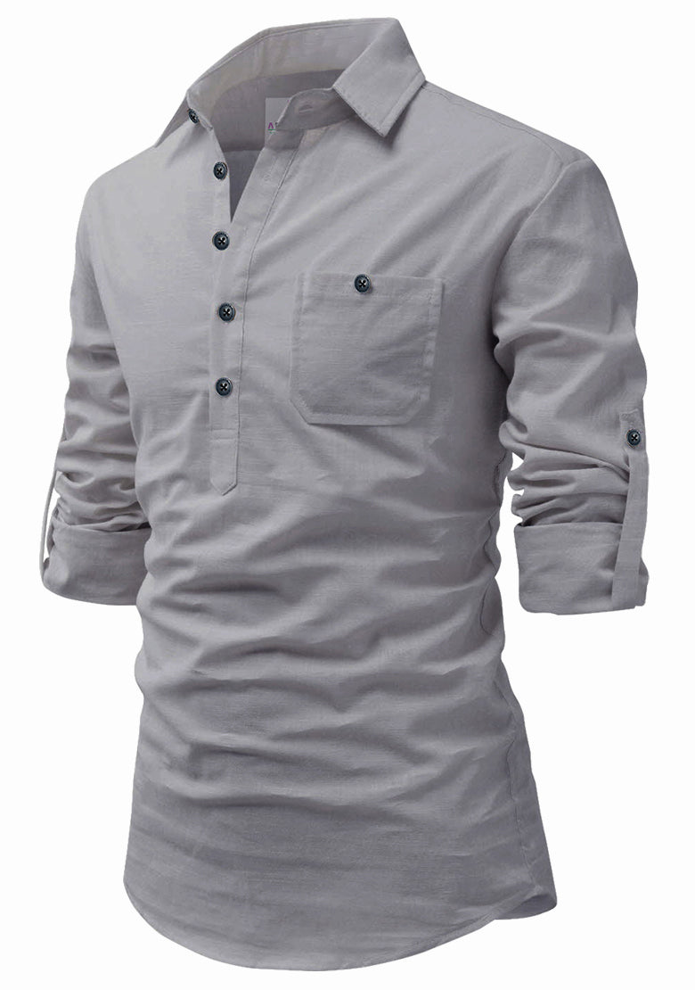 Men's Cotton Fabric Roll Up Sleeve Spread Collar Grey Kurta