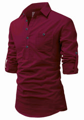 Men's Cotton Fabric Roll Up Sleeve Spread Collar Maroon Kurta