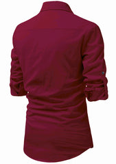 Men's Cotton Fabric Roll Up Sleeve Spread Collar Maroon Kurta