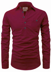 Men's Cotton Fabric Roll Up Sleeve Spread Collar Maroon Kurta