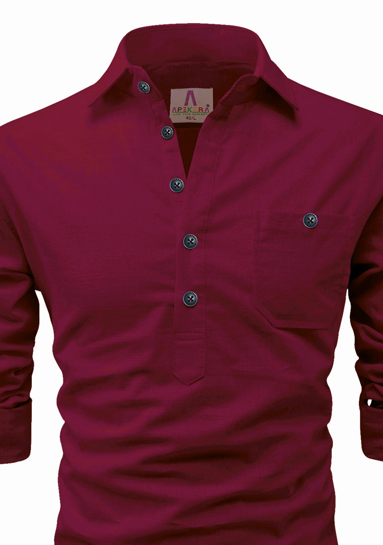 Men's Cotton Fabric Roll Up Sleeve Spread Collar Maroon Kurta