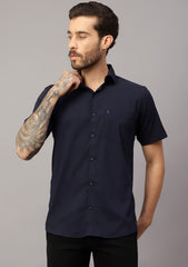 Men's Cotton Fabric Half Sleeve Navy Blue Shirt