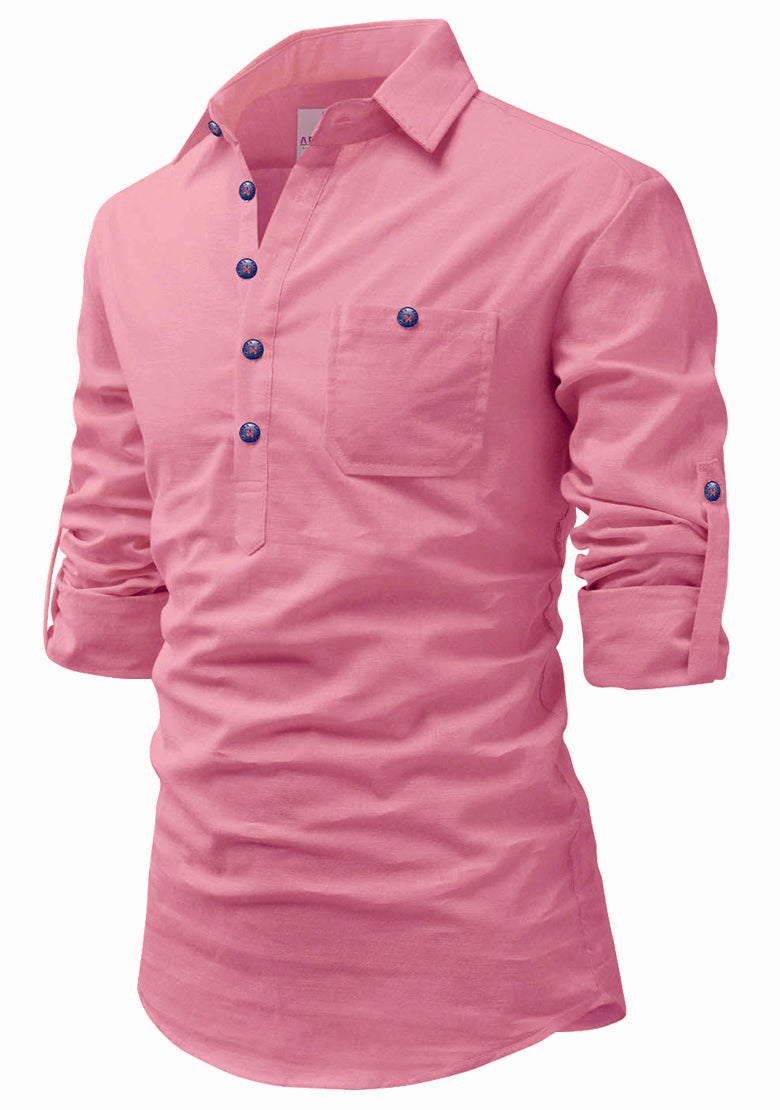 Men's Cotton Fabric Roll Up Sleeve Spread Collar Peach Kurta