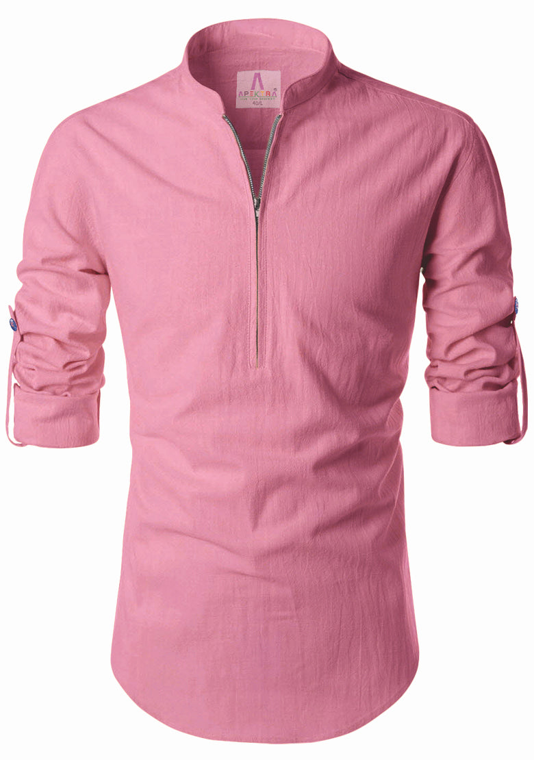 Men's Cotton Fabric Zip Closer Peach Kurta