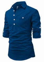 Men's Cotton Fabric Roll Up Sleeve Spread Collar Royal Blue Kurta