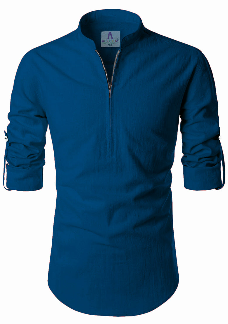 Men's Cotton Fabric Zip Closer Royal Blue Kurta