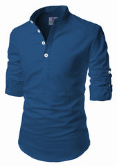 Men's Cotton Fabric Roll Up Sleeve Royal Blue Kurta