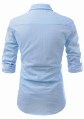 Men's Cotton Fabric Roll Up Sleeve Spread Collar Sky Blue Kurta