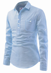 Men's Cotton Fabric Roll Up Sleeve Spread Collar Sky Blue Kurta