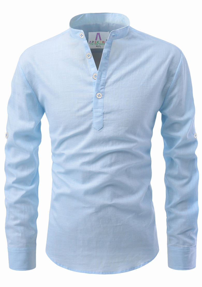 Men's Cotton Fabric Roll Up Sleeve Sky Blue Kurta – Apektra