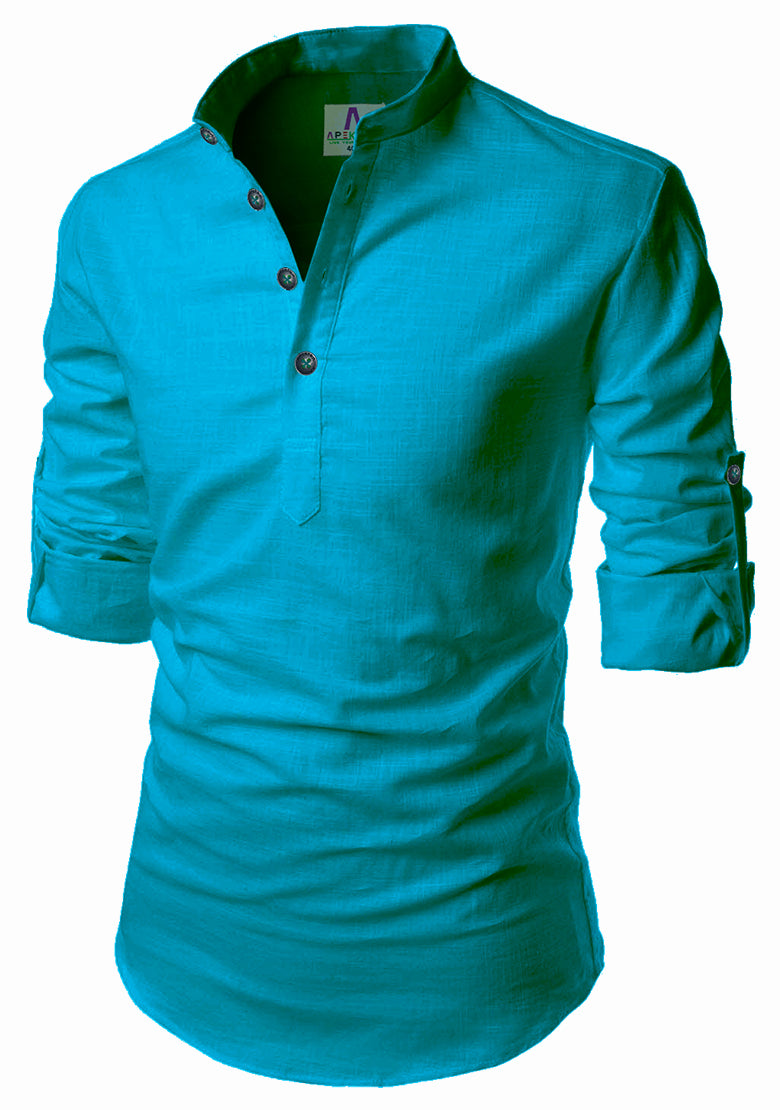 Men's Cotton Fabric Roll Up Sleeve Turquoise Kurta