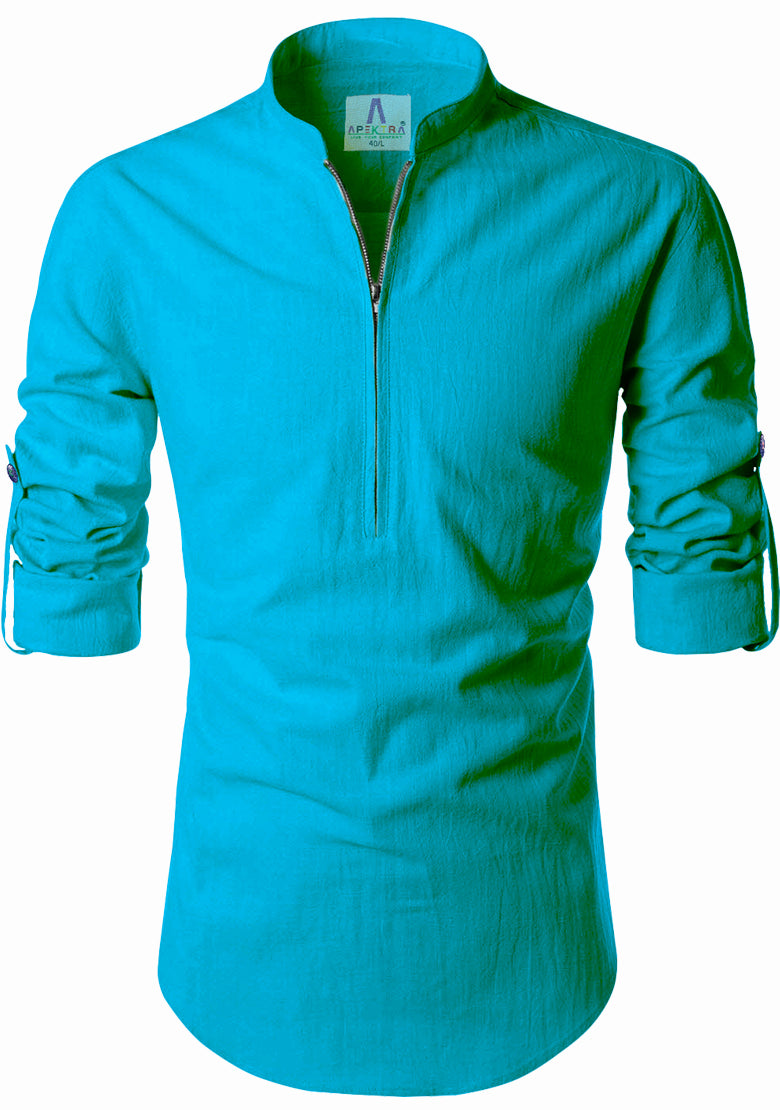 Men's Cotton Fabric Zip Closer Turquoise Kurta