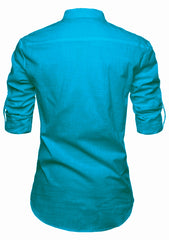 Men's Cotton Fabric Roll Up Sleeve Turquoise Kurta