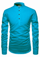 Men's Cotton Fabric Roll Up Sleeve Turquoise Kurta