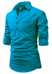 Men's Cotton Fabric Roll Up Sleeve Spread Collar Turquoise Kurta