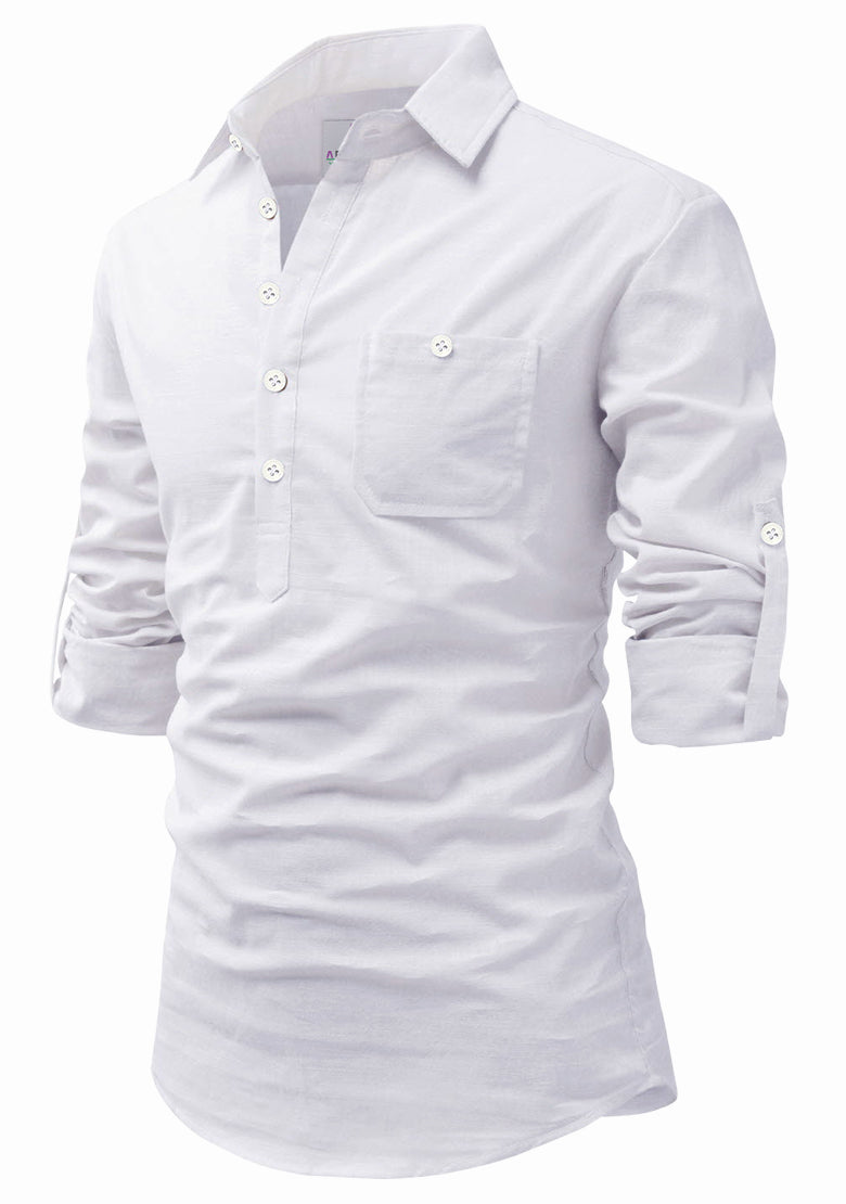 Men's Cotton Fabric Roll Up Sleeve Spread Collar White Kurta