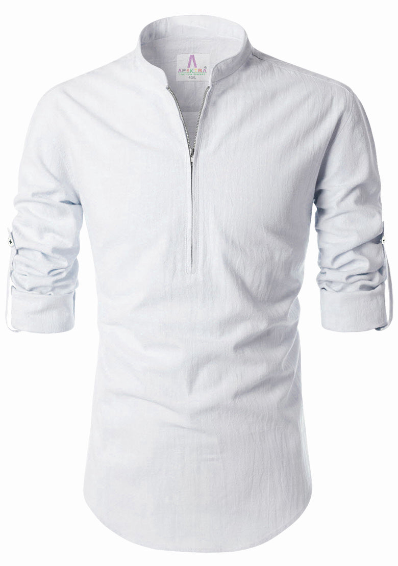 Men's Cotton Fabric Zip Closer White Kurta