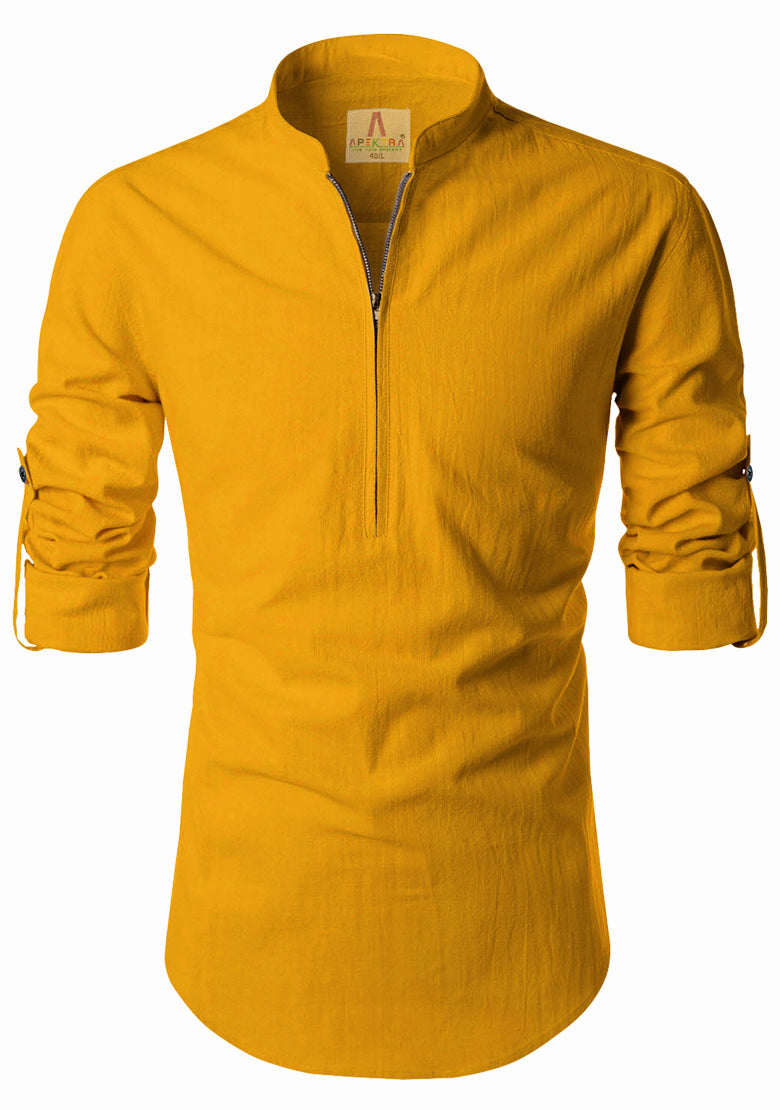 Men's Cotton Fabric Zip Closer Yellow Kurta