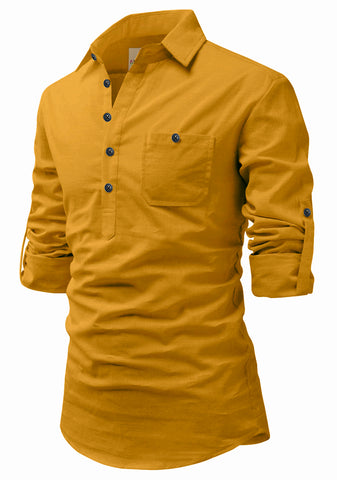 Men's Cotton Fabric Roll Up Sleeve Spread Collar Yellow Kurta