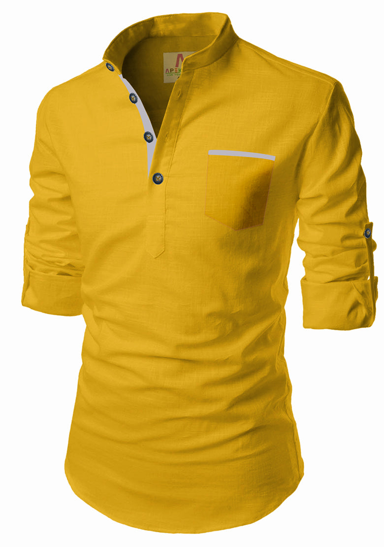 Men's Cotton Fabric Contrast Design Yellow Kurta