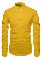 Men's Cotton Fabric Roll Up Sleeve Yellow Kurta